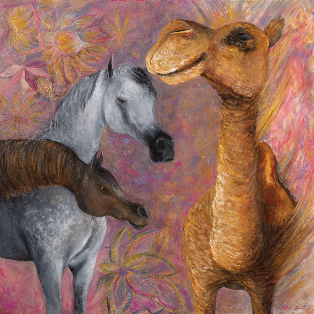 Fanni Mikó - Picturi - THE CAMEL WITH TWO HORSES - 2023, ACRYLIC, CANVAS - 100 X 100